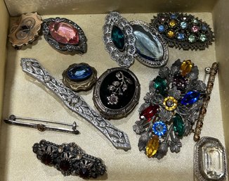 Wonderful Vintage & Antique Costume Jewelry 13Pins & Brooches, Some Sterling In Brocade Box, 6.25' X 6' X 3'H
