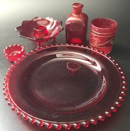 5 Pcs Vintage Red Glass Including Candlewick Plate 8' Diam., Salt , Candle Stand , 3 Pcs Uranium & 2-misc