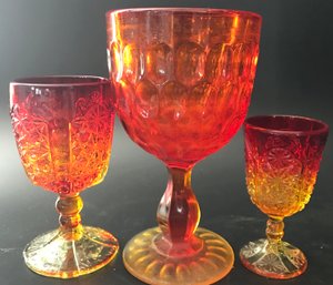 3 Pcs Vintage Stemmed Goblets In Ambarina Uranium Glass, Largest 4.5' Diam. X 8'H