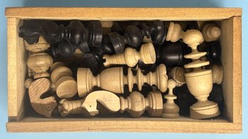 Complete Set Carved Wooden Chess Set Housed In Wooden Box, With Instruction, Board Not Present, King 2.25'H