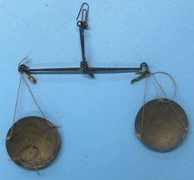 Early Delicate Hand Held Apothecary Balance Scales, Needs Restringing, Bar 5'L, Discs 2' Diam.