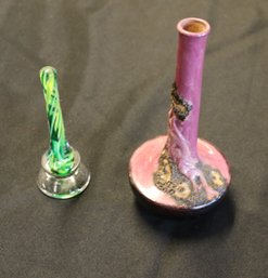 2 Items - Oriental Bud Vase - Blown Glass Ring Holder Signed Lutian