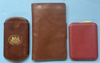 3 Pcs Vintage Brown Pocket Cigar Case, Rogers Red Leather Cigarette Case & Vintage Day-Timer Leather Wallet