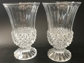 Vintage Matching  Pair Clear Pressed Glass Vases, 4.5' Diam. X 7'H