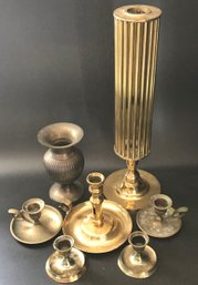 7 Pcs Vintage Brass Candlesticks And Others, Tallest 5-1/8' Diam. X 18'H