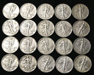 Roll Of 20 1941-P Silver Walking Liberty Half Dollars - Circulated