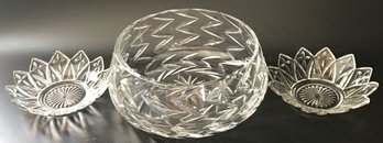 Vintage Waterford Lead Crystal 'ZIG ZAG' Centerpiece Bowl 8.5' Diam. X 3.5'H & 2-Other 12 Pedal Shaped Bowls