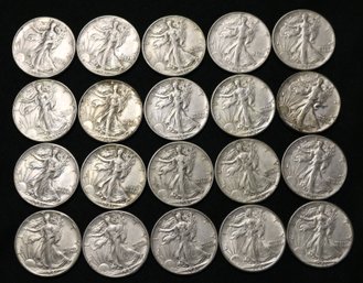 Roll Of 20 1941-P Silver Walking Liberty Half Dollars - Circulated