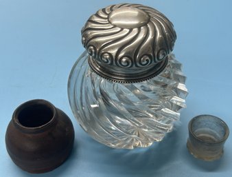 3 Pcs Antique Inkwells, Large Heavy Swirled Crystal Inkwell & Silver Lid, Open Stoneware Beehive & SM Glass
