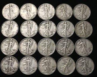 Roll Of 20 1937-P Silver Walking Liberty Half Dollars - Circulated