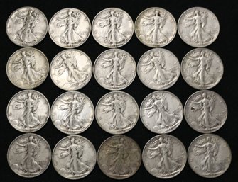 Roll Of 20 1938-P Silver Walking Liberty Half Dollars - Circulated