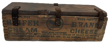 Vintage Heifer Brand Cream Cheese Box With Leather Straps, 11' X 3.5' X 3.5'H