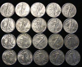 Roll Of 20 1942-P Silver Walking Liberty Half Dollars - Very High Grade Circulated