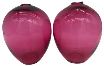 2 Pcs Vintage Hand Blown Matching Cranberry Ovoid Vases, 6' Diam. X 6.5'H