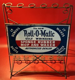 Vintage Pair Store Advertising Metal Signs For Roll-O-Matic Sponge Rubber Mop & Waxer, 17.75' X 13.5' X 23.5'H