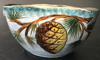 Vintage Italian Hand Crafted Bowl With Pine Cone Decoration, Handles, 6.5' Diam. X 3'H, Fleabite To Inner Rim