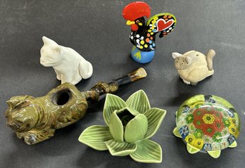 6 Pcs Unrelated Tiger Pipe, 2 Cat Statuettes, Rooster, Ceramic Lotus Flower And Milfoil Paperweight
