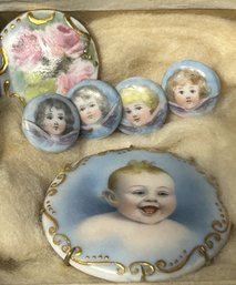 6 Pcs Antique Hand Painted On Porcelain 4 Angel Children Button Holders, Brooch 1-7/8' Diam. And Other