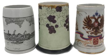 3 Pcs Vintage Steins, 1-German, 1-Russian And 1-Art Nouveau, 7.75'H