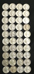 Roll Of 40 Mixed Date Silver Washington Quarters - 1930's To 1960's - Circulated