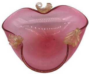 Large Vintage Handblown Pink & Gold Dust Glass Bowl With Applied Leaves To Pinched Rim , 13' Diam. X 3.5'H