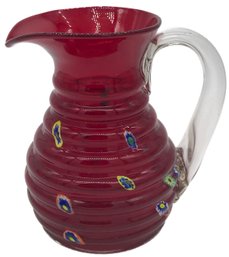 Gorgeous Large Vintage Handblown Red Glass Pitcher With Clear Applied Handle, 6.5' Diam. X 8' X 9.5'H