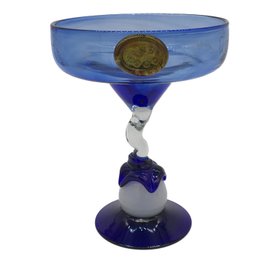 Large Unique Hand Blown Cobalt Blue & White Margarita Glass, Applied Cartouche DP 2000, 5.75' Diam. X 7.5'H