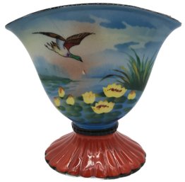 Vintage Art Deco Japanese SAKURAWARE Luster Fan Vase With Lake Scene, 6.75' X 3.5' X 7'H