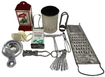 22 Pcs Vintage Kitchenware, Match Dispenser, Flour Sifter, Bromwell Grater, 12 Condiment Spoons & More