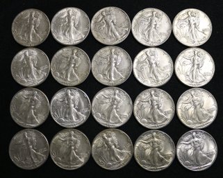 Roll Of 20 1941-P Silver Walking Liberty Half Dollars - Better Than Average Circulated