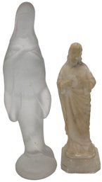 2 Pcs Religious Statues 1-Marble Jesus, 8'H (Chip To Base), And 1-Satin Glass Mary, 10'H