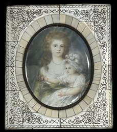 Hand Painted Oval Portrait On Ivory Of A Woman In 18th C. Dress Holding Child, In An Engraved Ivory Frame