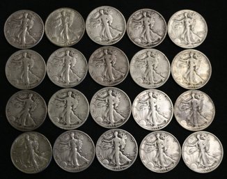 Roll Of 20 Mixed Date Silver Walking Liberty Half Dollars - Circulated