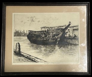 Antique Etching Of The Frigate Portsmouth, By George Taylor Plowman (1869-1932). Matted & Framed