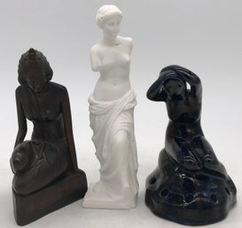 3 Pcs Vintage Female Nude Statues, 1-Wood, 1-Ceramic Floral Frog & 1-Cast, 9.5'H