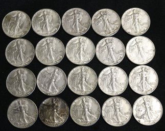 Roll Of 20 1942-P Silver Walking Liberty Half Dollars - Better Than Average Circulated