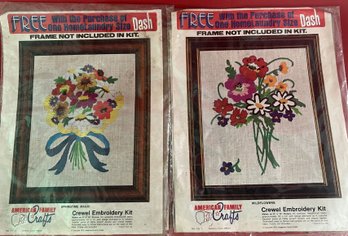 2 Vintage Crewel Embroidery Kits With Floral Designs