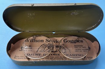 Antique Willson Service Googles Style E1 Headband In Metal Case, Pat. Allowed Nov 29, 1917