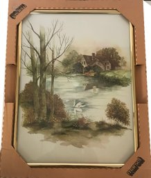 Decorative 20thC Brass Metal Framed Artwork Of Swan On Water By Marcel #1216