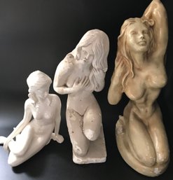 3 Pcs Vintage Large Female Nude Statues, 2-CAST Plaster & 1 -Ceramic, Largest 23'H