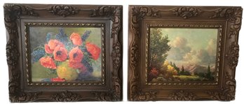 Pair Elaborate, HIghly Detailed Molded Framed Prints On Board, Orange Poppies And Mountain Scene