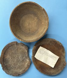 3 Pcs 17thC Treenware Wooden 2-Plates And Bowl Carved For Colonel William Pepperrell