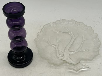 2 Pcs Purple Bubble Vase & Clear Glass Luncheon Plate With Cup Holder