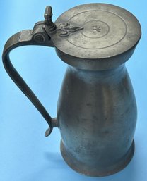 18thC William Fasson Liter Pewter Measure With Double Volute & Fluer De Lis, Stamped 'PM' On Lid