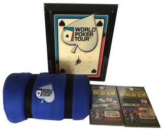 World Of Poker Battery Operated Wall Clock, Embroidered Fleece Blanket And 2 Poker Teaching DVDs