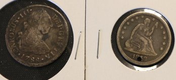 Two Coins - 1 - 1858 United States Quarter (holed) - 1 - 1788 Spanish 2 Reales
