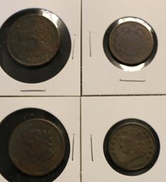 Four United States Copper Coins - 1 - 1835 1/2 Cent 1 - 1864 2-cent 1 - 1839 Lg. Cent 1- 1842 Lg. Cent