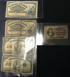 Lot Of Fractional Currency - 4 - Canada 25 Cent Notes And 1 United States 10 Cent Note