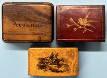3 Pcs Antique Small Rectangular Boxes, Jerusalem Olivewood Stamp Box, Tin Lined Snuff & Victorian Marquetry