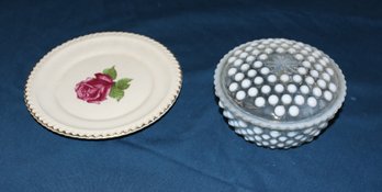 2 Pcs - Covered Opalescent Hobnail Dish And Rose Decorated Plate